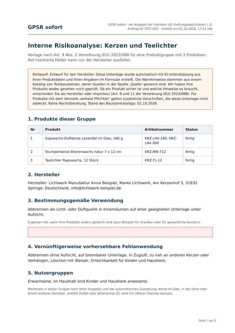 Erste Seite einer Muster-Risikoanalyse für Kerzen mit Produkttabelle, Herstellerangaben und Verwendungszweck
