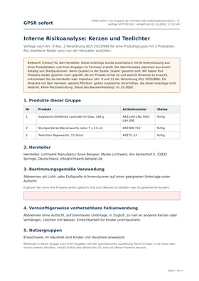 Erste Seite einer Muster-Risikoanalyse für Kerzen mit Produkttabelle, Herstellerangaben und Verwendungszweck