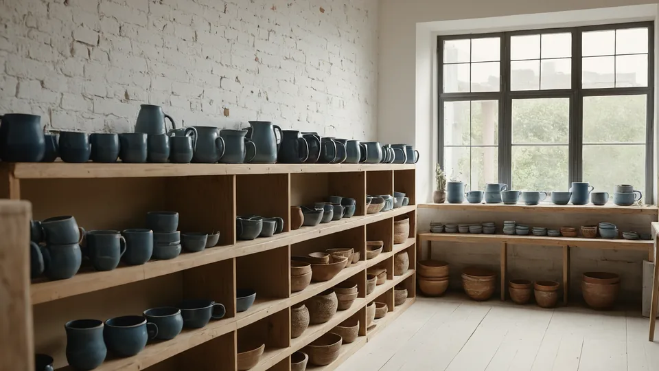 Heller Lagerraum eines kleinen Keramik-Onlineshops mit Holzregalen voller blauer Becher, Kannen und Schalen vor einer weißen Backsteinwand.